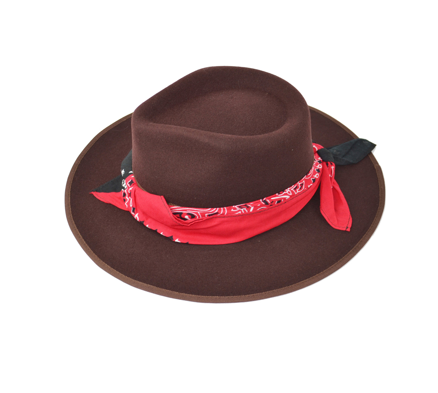 Cappello fedora marrone con fascia in seta nero rosso