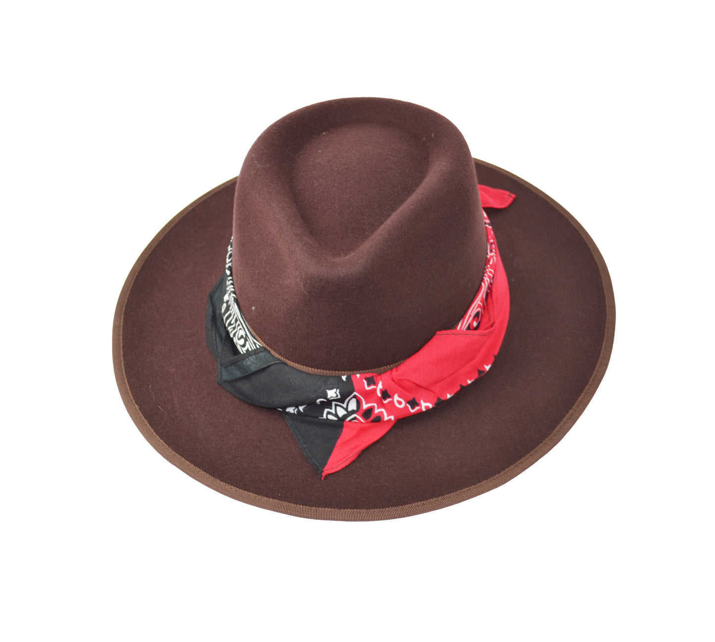 Cappello fedora marrone con fascia in seta nero rosso
