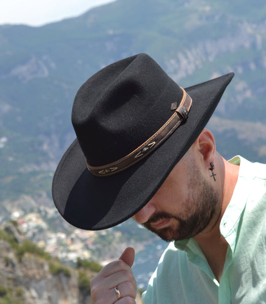 Cappello da cowboy da uomo in feltro di lana nero con tesa larga
