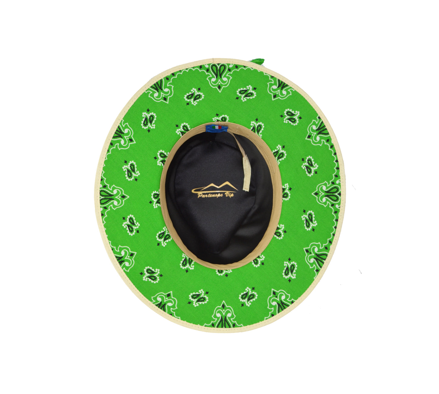 Cappello fedora beige con fascia in seta verde,
